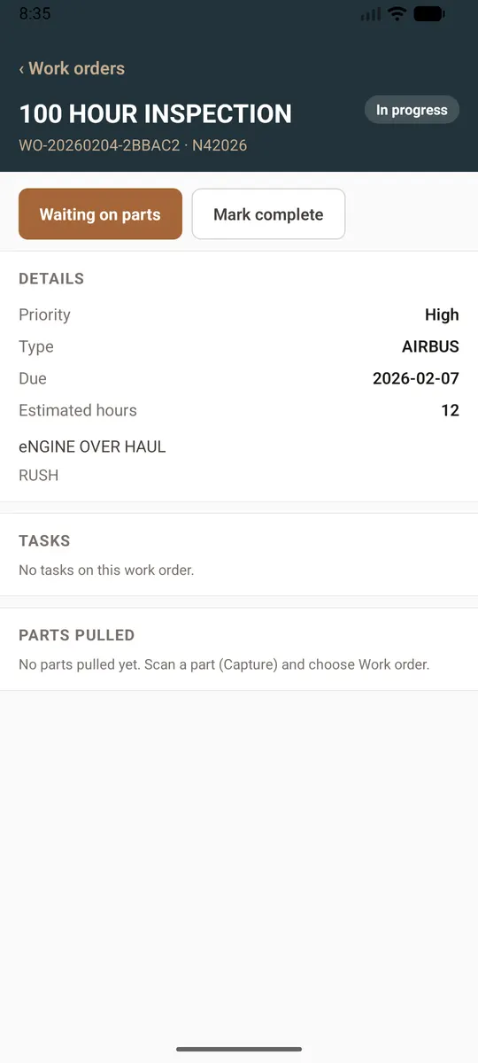 A work order on the phone