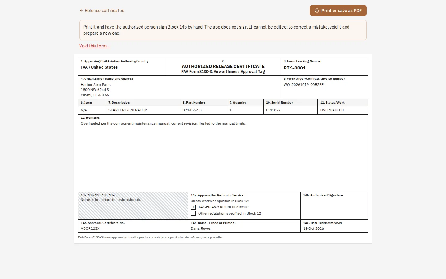 The screen for preparing an FAA 8130-3 release certificate block by block